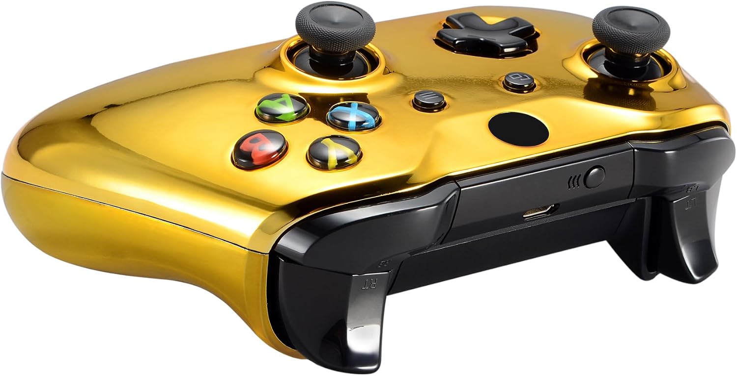 eXtremeRate Front Cover with Grips Grips for Xbox One S/X Controller, Customized Case for Xbox One S/X Controller, Replacement Housing for Model 1708, Chrome Gold