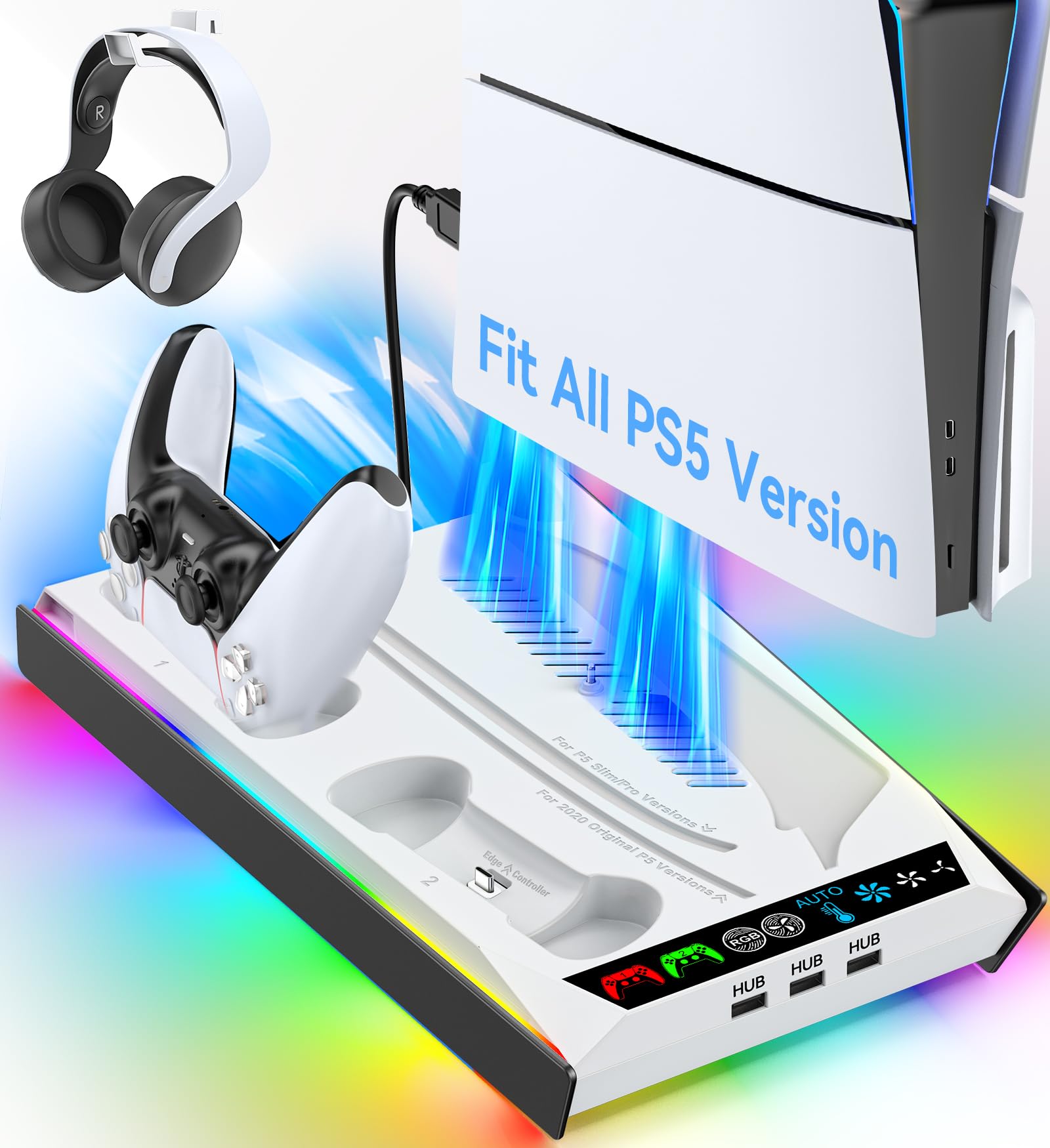 PS5/ Slim/Pro Disc & Digital Cooling Station with 3 Levels Auto Fan Playsatation 5 Controller Charger for PS5 and Edge Controller, PS 5 Accessories