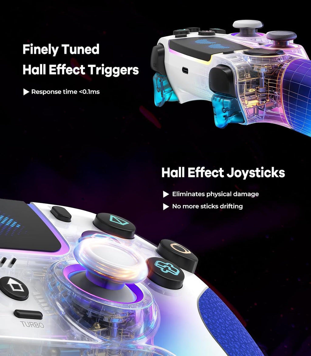 SFGSUP Manette Sans Fil pour PS5/PC/Steam Deck,avec Joystick&Gâchette Effect Hall/8 Couleur d'éclairage RGB/Gyroscope 6 Axes/Turbo/Double Vibration/Programmable/Poignée Antidérapante/Batterie 1500 mAh