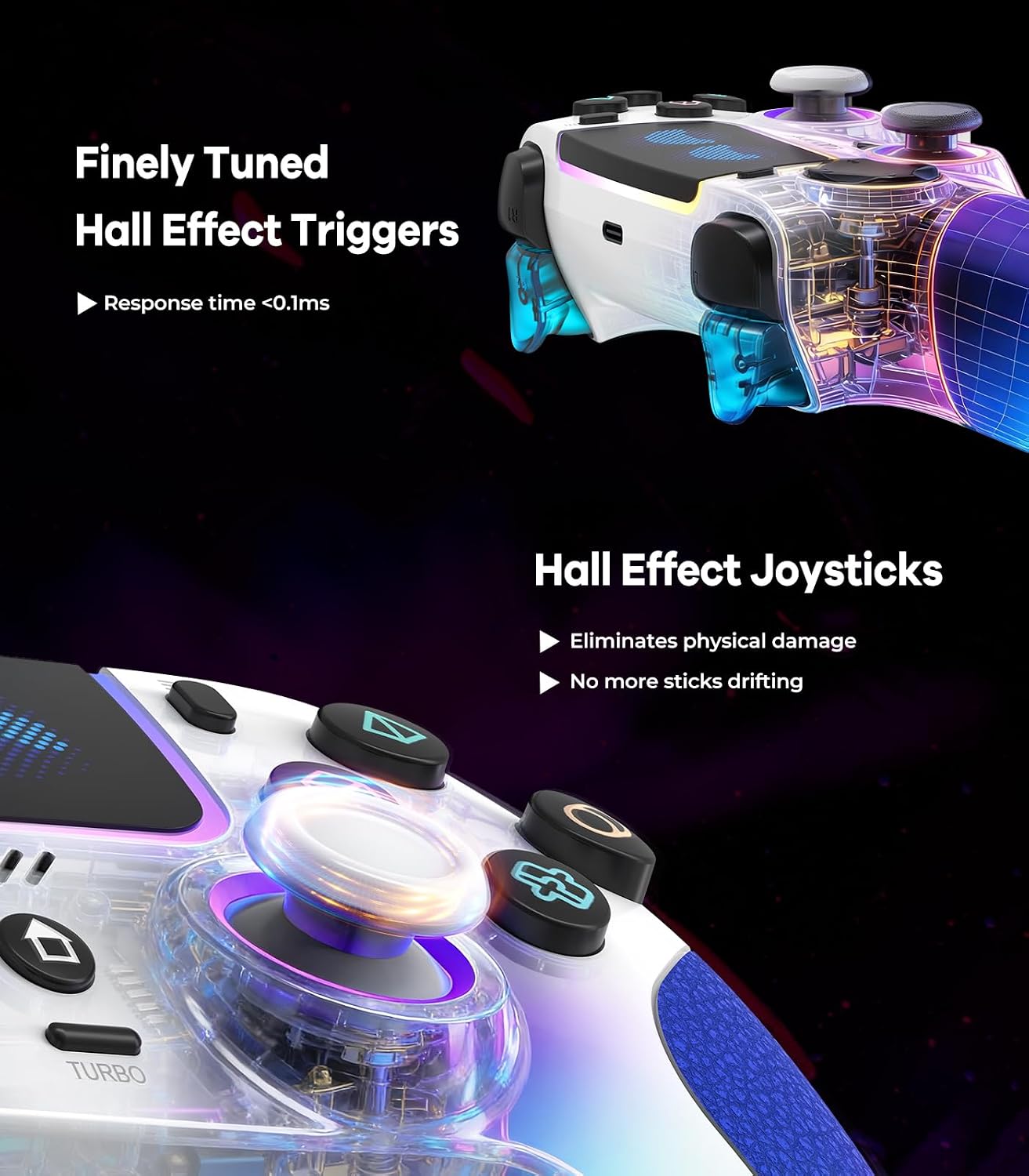 SFGSUP Manette Sans Fil pour PS5/PC/Steam Deck,avec Joystick&Gâchette Effect Hall/8 Couleur d'éclairage RGB/Gyroscope 6 Axes/Turbo/Double Vibration/Programmable/Poignée Antidérapante/Batterie 1500 mAh