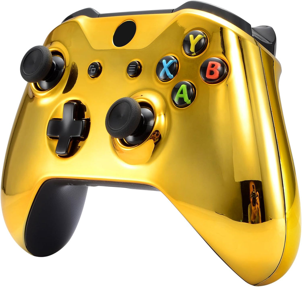 eXtremeRate Front Cover with Grips Grips for Xbox One S/X Controller, Customized Case for Xbox One S/X Controller, Replacement Housing for Model 1708, Chrome Gold