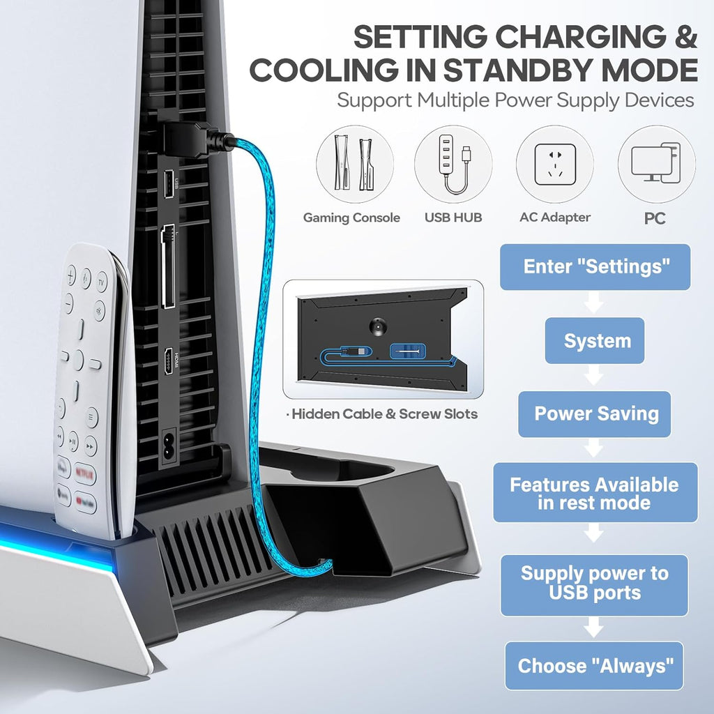 PS5/ Slim/Pro Disc & Digital Cooling Station with 3 Levels Auto Fan Playsatation 5 Controller Charger for PS5 and Edge Controller, PS 5 Accessories