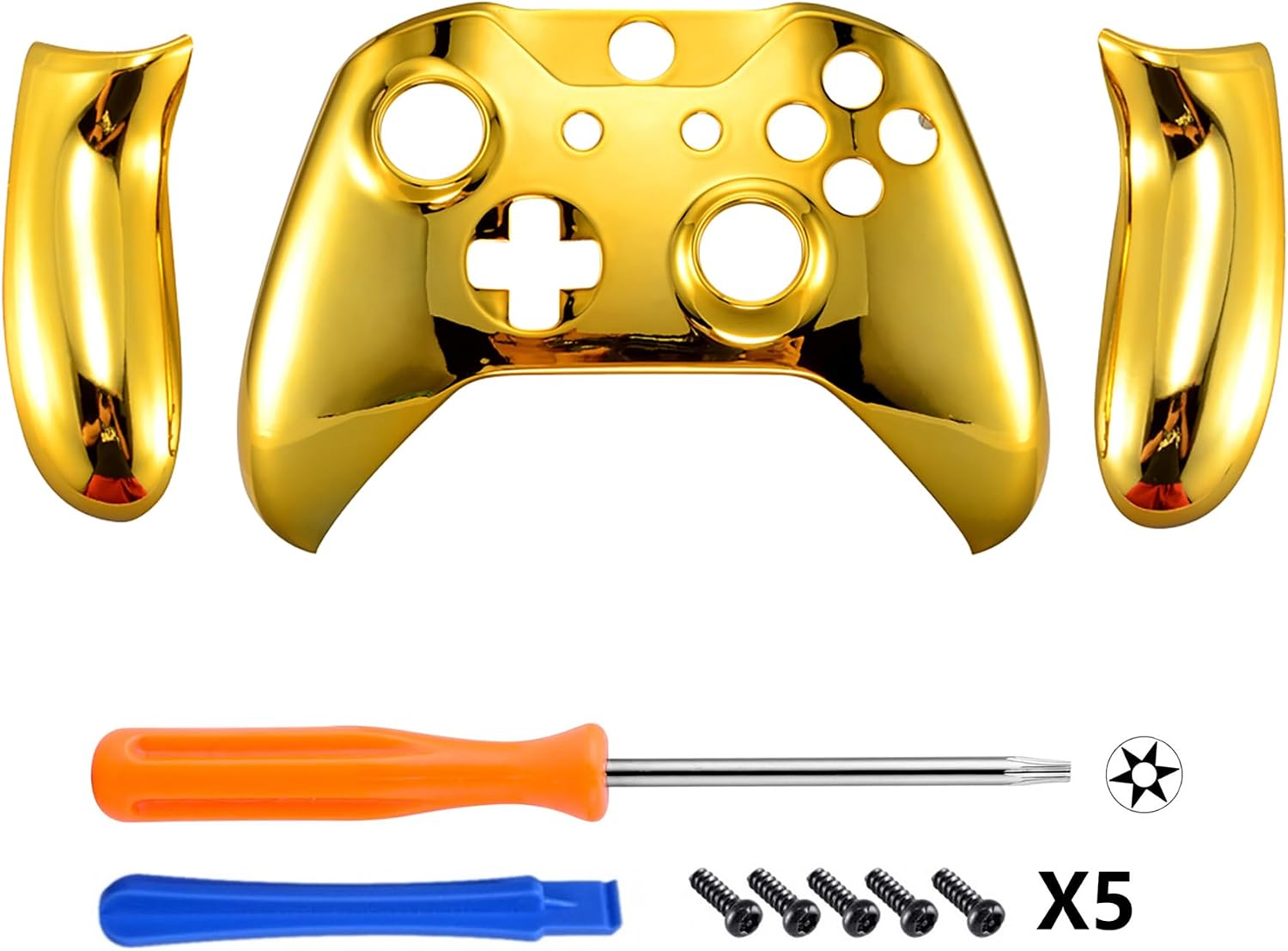 eXtremeRate Front Cover with Grips Grips for Xbox One S/X Controller, Customized Case for Xbox One S/X Controller, Replacement Housing for Model 1708, Chrome Gold
