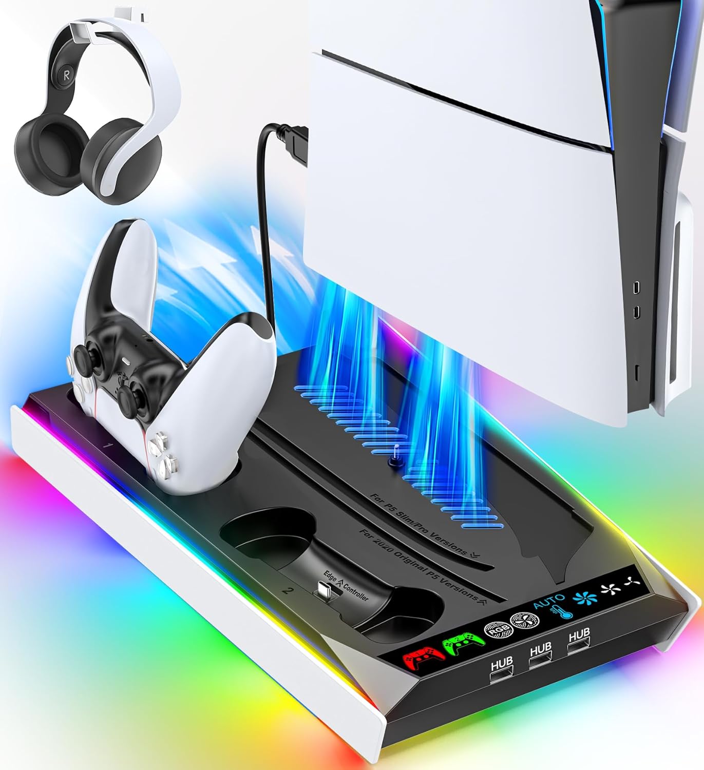 PS5/ Slim/Pro Disc & Digital Cooling Station with 3 Levels Auto Fan Playsatation 5 Controller Charger for PS5 and Edge Controller, PS 5 Accessories