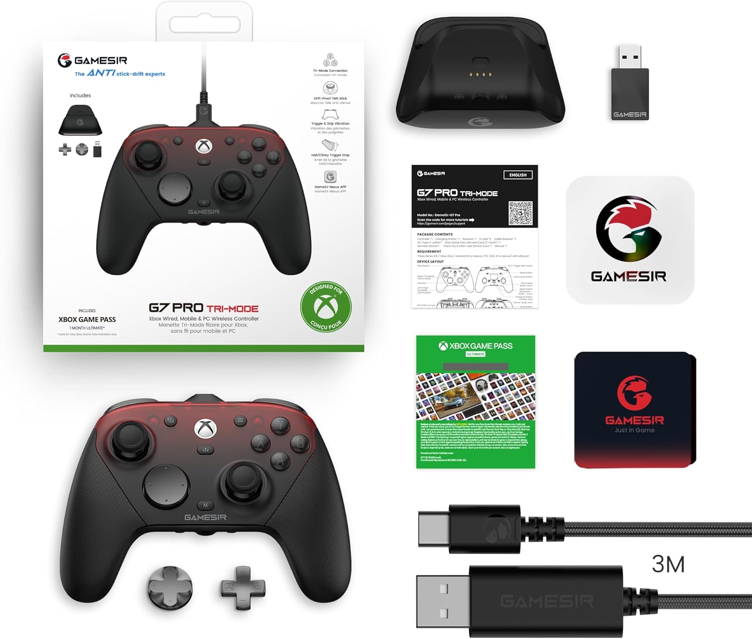 GameSir G7 Pro Manette 1000Hz avec Station de Recharge pour Xbox Series X|S, Xbox One, Windows 10/11 & Android – Joysticks TMR, Gâchettes Réglables & 4 Boutons Programmables – Shadow Ember