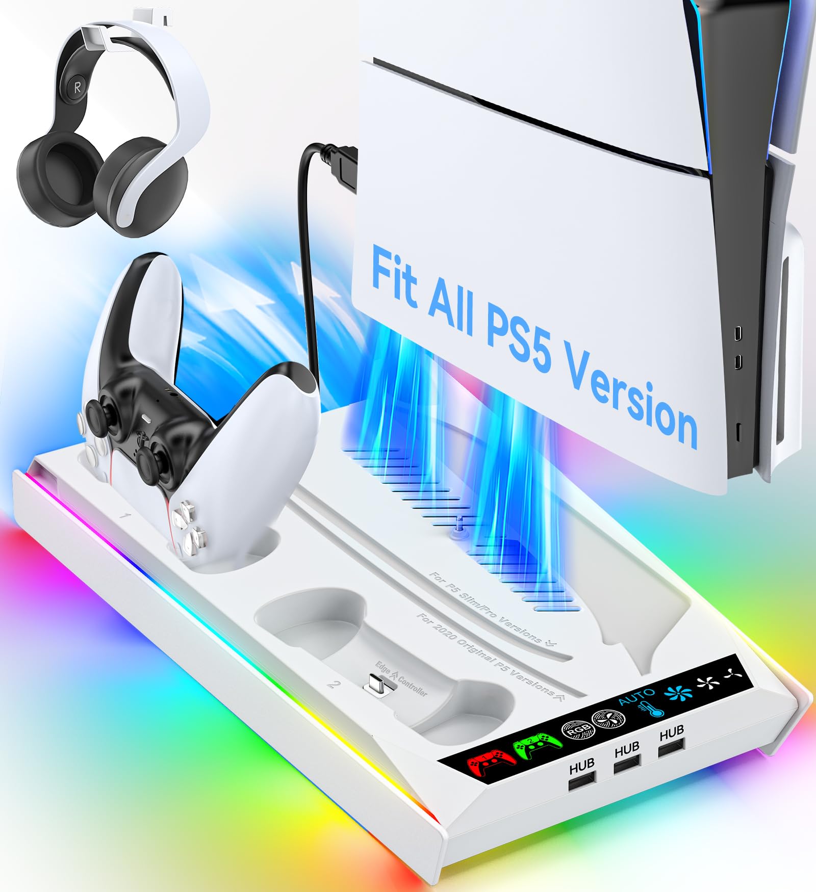 PS5/ Slim/Pro Disc & Digital Cooling Station with 3 Levels Auto Fan Playsatation 5 Controller Charger for PS5 and Edge Controller, PS 5 Accessories