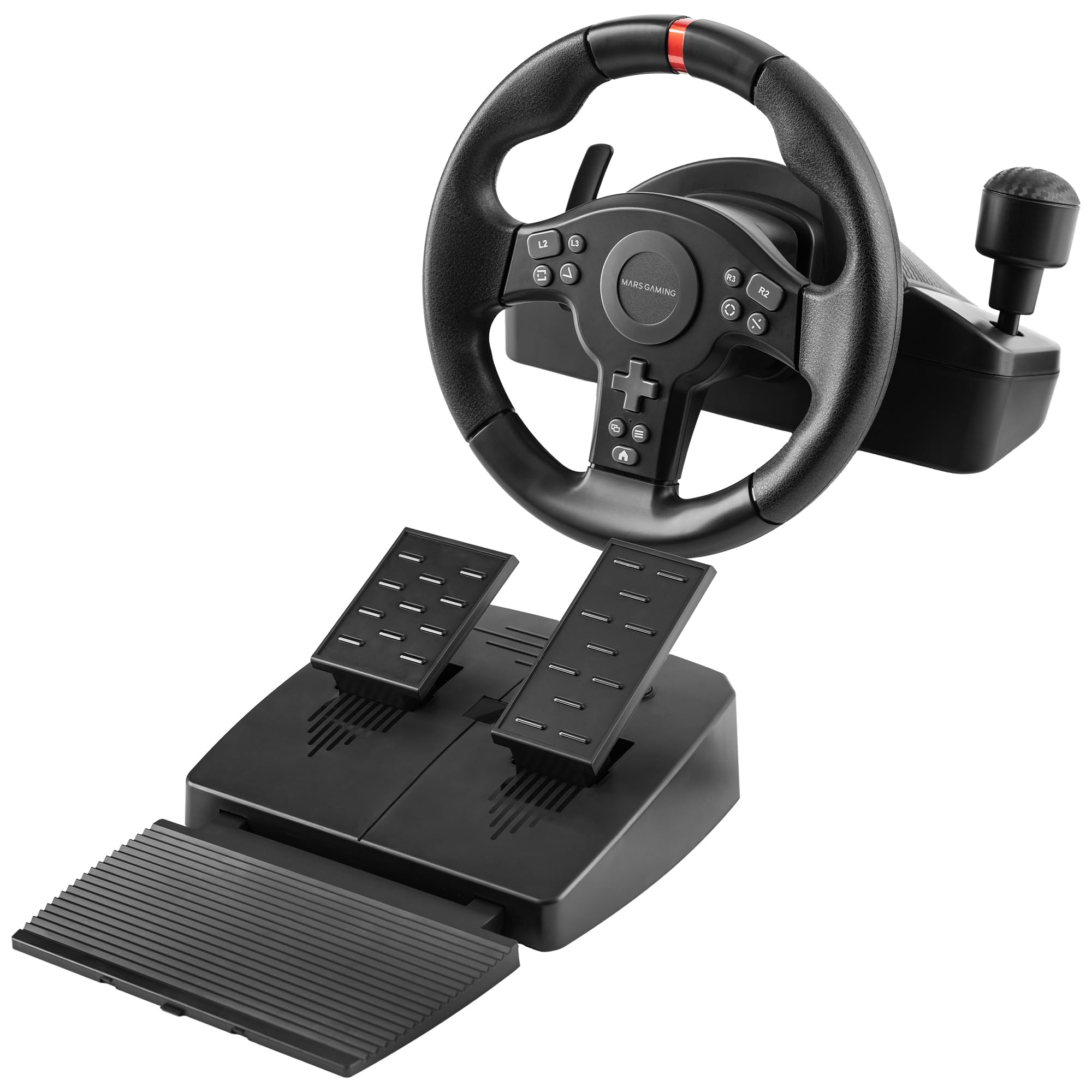 Mars Gaming MWH-RSX, Volant SimRacing Retour De Force Et Moteur Double, Set 3 Pédales Résistance Progressive, Levier De Vitesse en H et 12 Vitesses, 14 Boutons Personnalisables, PC/PS4/Xbox Series X|S
