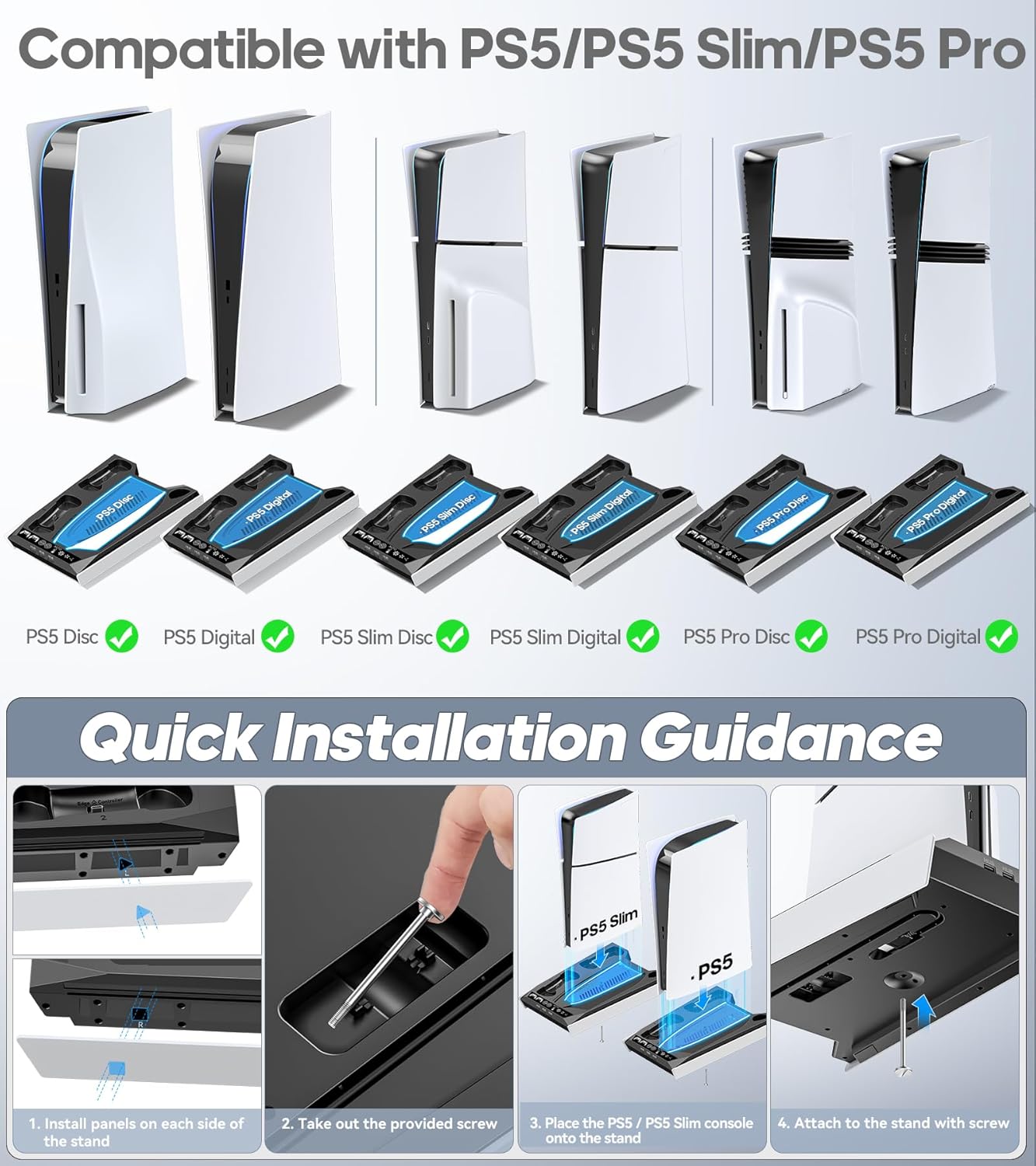 PS5/ Slim/Pro Disc & Digital Cooling Station with 3 Levels Auto Fan Playsatation 5 Controller Charger for PS5 and Edge Controller, PS 5 Accessories