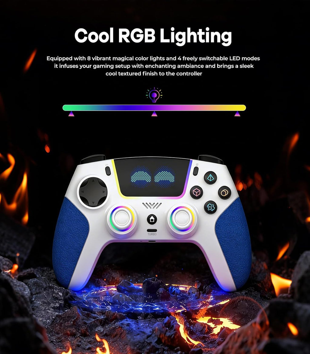 SFGSUP Manette Sans Fil pour PS5/PC/Steam Deck,avec Joystick&Gâchette Effect Hall/8 Couleur d'éclairage RGB/Gyroscope 6 Axes/Turbo/Double Vibration/Programmable/Poignée Antidérapante/Batterie 1500 mAh