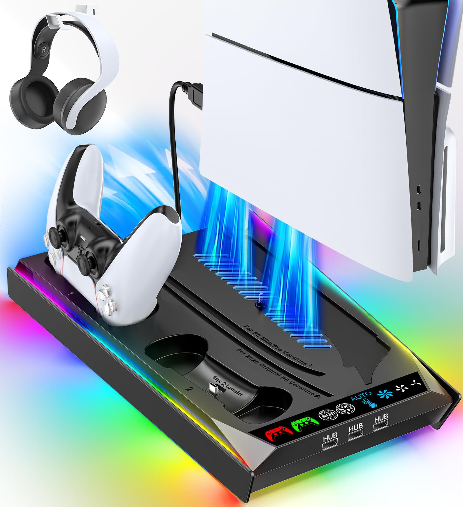 PS5/ Slim/Pro Disc & Digital Cooling Station with 3 Levels Auto Fan Playsatation 5 Controller Charger for PS5 and Edge Controller, PS 5 Accessories