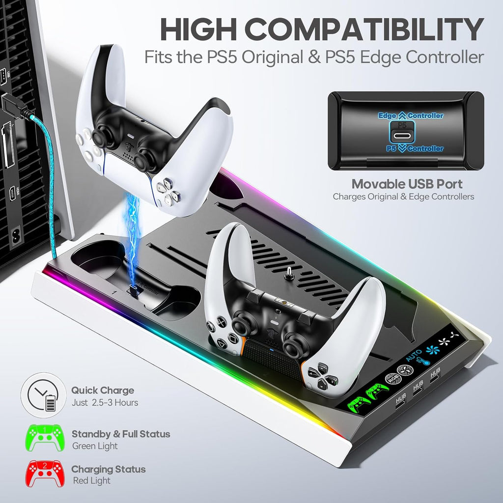 PS5/ Slim/Pro Disc & Digital Cooling Station with 3 Levels Auto Fan Playsatation 5 Controller Charger for PS5 and Edge Controller, PS 5 Accessories