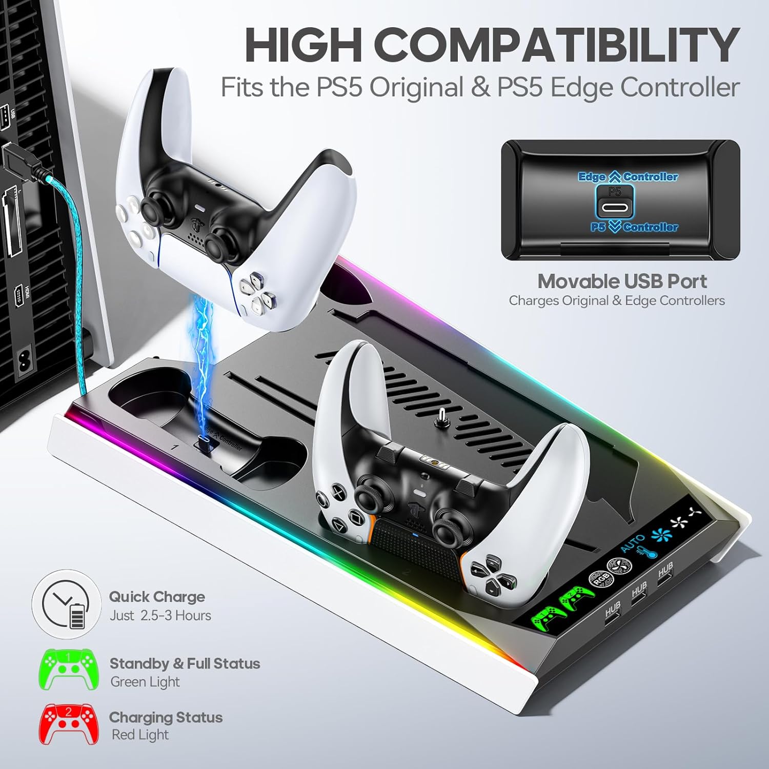 PS5/ Slim/Pro Disc & Digital Cooling Station with 3 Levels Auto Fan Playsatation 5 Controller Charger for PS5 and Edge Controller, PS 5 Accessories