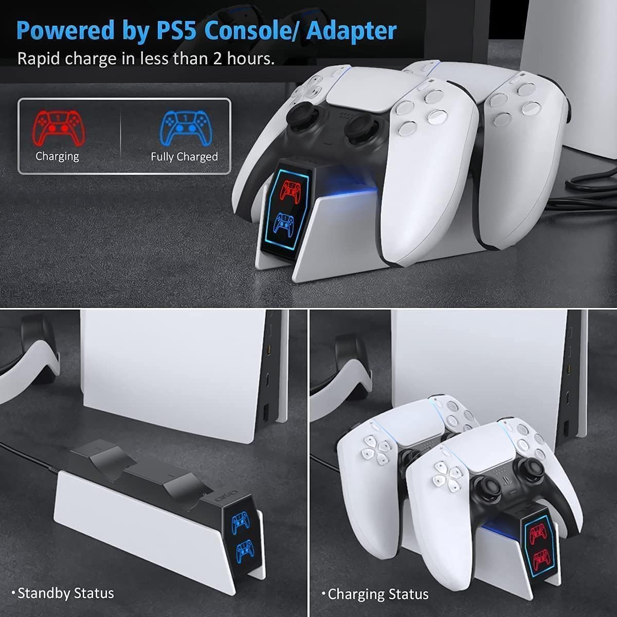 OIVO PS5 Controller Charger, 2H Fast Charger PS5 with 2 Cable Types for PS5 Controller, Charging Dock Compatible with DualSense PlayStation 5 Controllers
