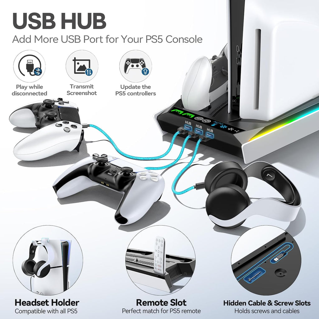 PS5/ Slim/Pro Disc & Digital Cooling Station with 3 Levels Auto Fan Playsatation 5 Controller Charger for PS5 and Edge Controller, PS 5 Accessories