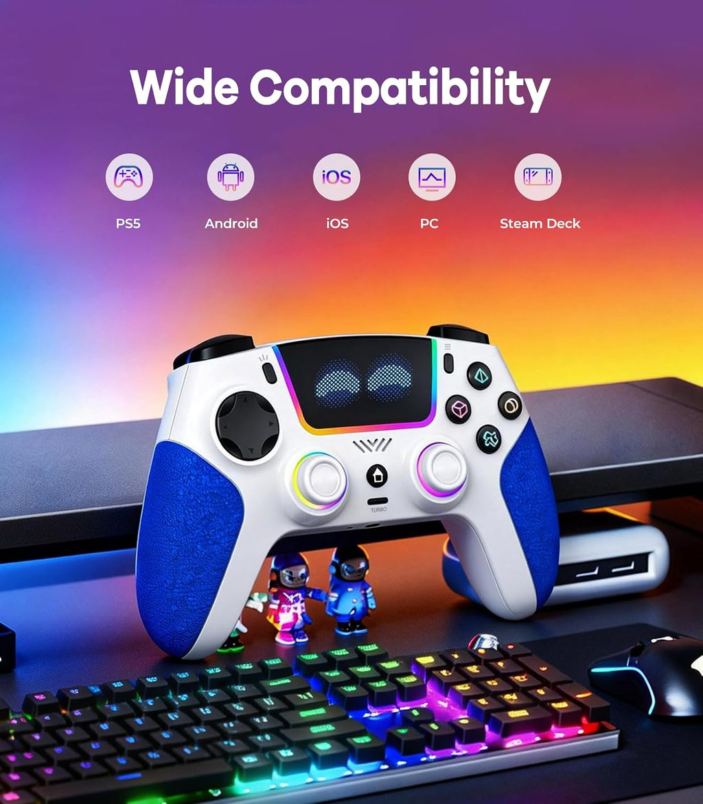 SFGSUP Manette Sans Fil pour PS5/PC/Steam Deck,avec Joystick&Gâchette Effect Hall/8 Couleur d'éclairage RGB/Gyroscope 6 Axes/Turbo/Double Vibration/Programmable/Poignée Antidérapante/Batterie 1500 mAh