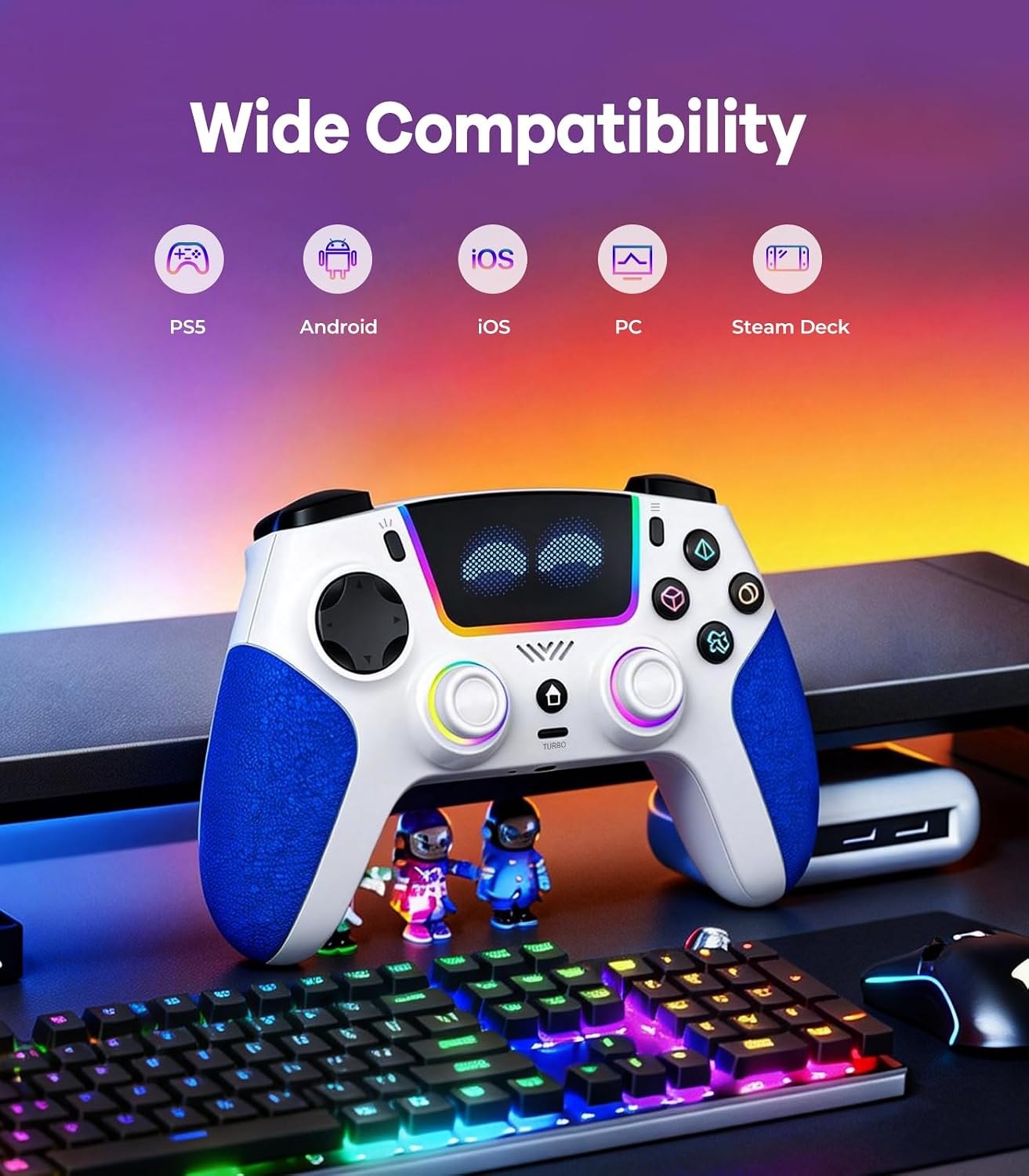 SFGSUP Manette Sans Fil pour PS5/PC/Steam Deck,avec Joystick&Gâchette Effect Hall/8 Couleur d'éclairage RGB/Gyroscope 6 Axes/Turbo/Double Vibration/Programmable/Poignée Antidérapante/Batterie 1500 mAh