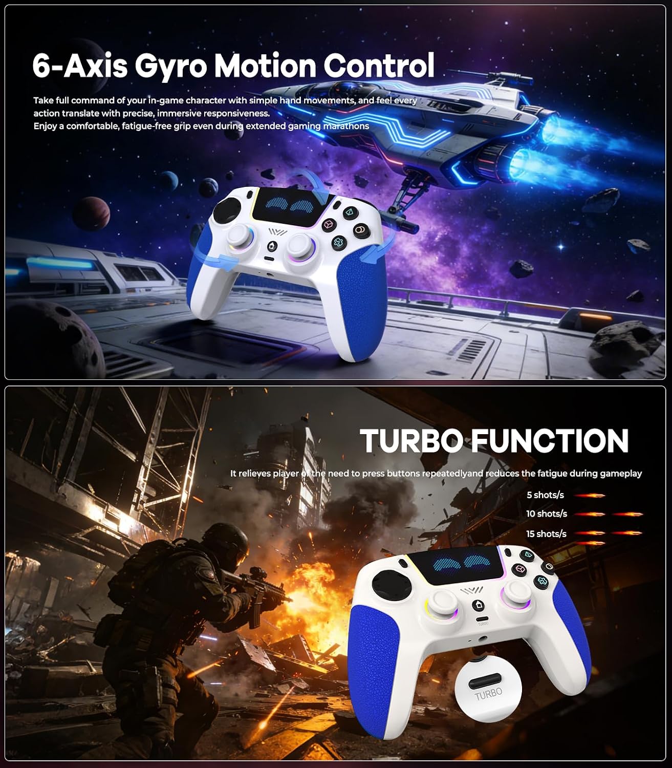 SFGSUP Manette Sans Fil pour PS5/PC/Steam Deck,avec Joystick&Gâchette Effect Hall/8 Couleur d'éclairage RGB/Gyroscope 6 Axes/Turbo/Double Vibration/Programmable/Poignée Antidérapante/Batterie 1500 mAh