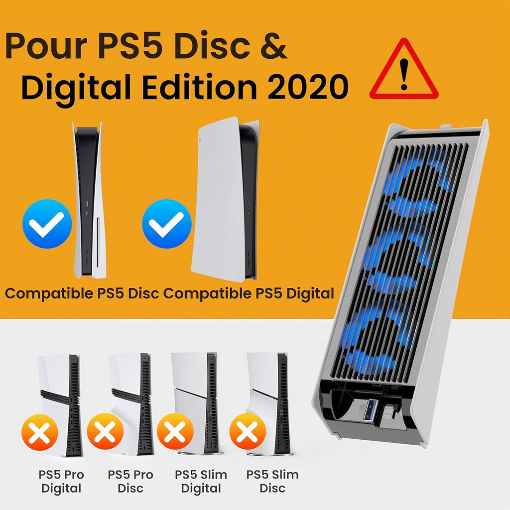 Cooling Accessories for PS5, KIWIHOME PS5 Cooling Fan with LED Auto Speed USB3.0 Hubs for Disc/Digital Editing, Not Compatible PlayStation 5 Slim/Pro