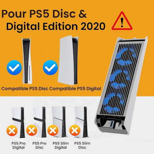 Cooling Accessories for PS5, KIWIHOME PS5 Cooling Fan with LED Auto Speed USB3.0 Hubs for Disc/Digital Editing, Not Compatible PlayStation 5 Slim/Pro