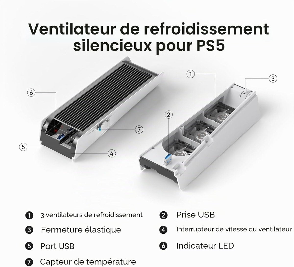 Accessoires de refroidissement PS5 - Ventilateur KIWIHOME avec LED et Ports USB 3.0 - Novaplay
