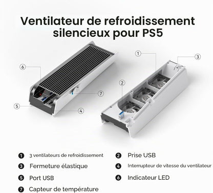 Accessoires de refroidissement PS5 - Ventilateur KIWIHOME avec LED et Ports USB 3.0 - Novaplay